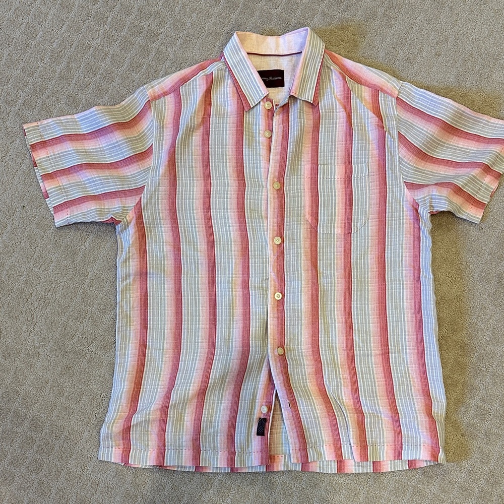 Tommy Bahama Pinks & Gray Striped Linen Shirt